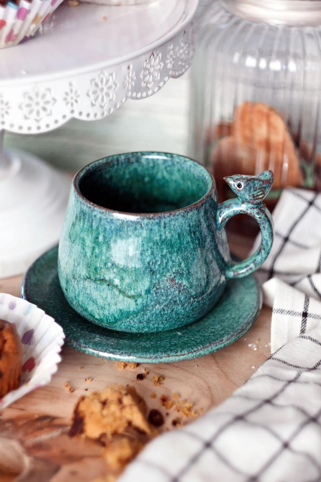 Ceramic Cup and Saucer Emerald Turquise Green Cup With a Bird Coffee Mug Emerald Tea Dish A Beaut... | Etsy (US)