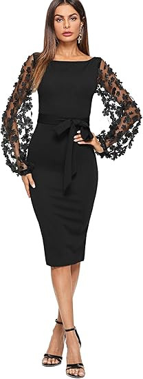 SheIn Women's Elegant Mesh Contrast Bishop Sleeve Bodycon Pencil Dress | Amazon (US)