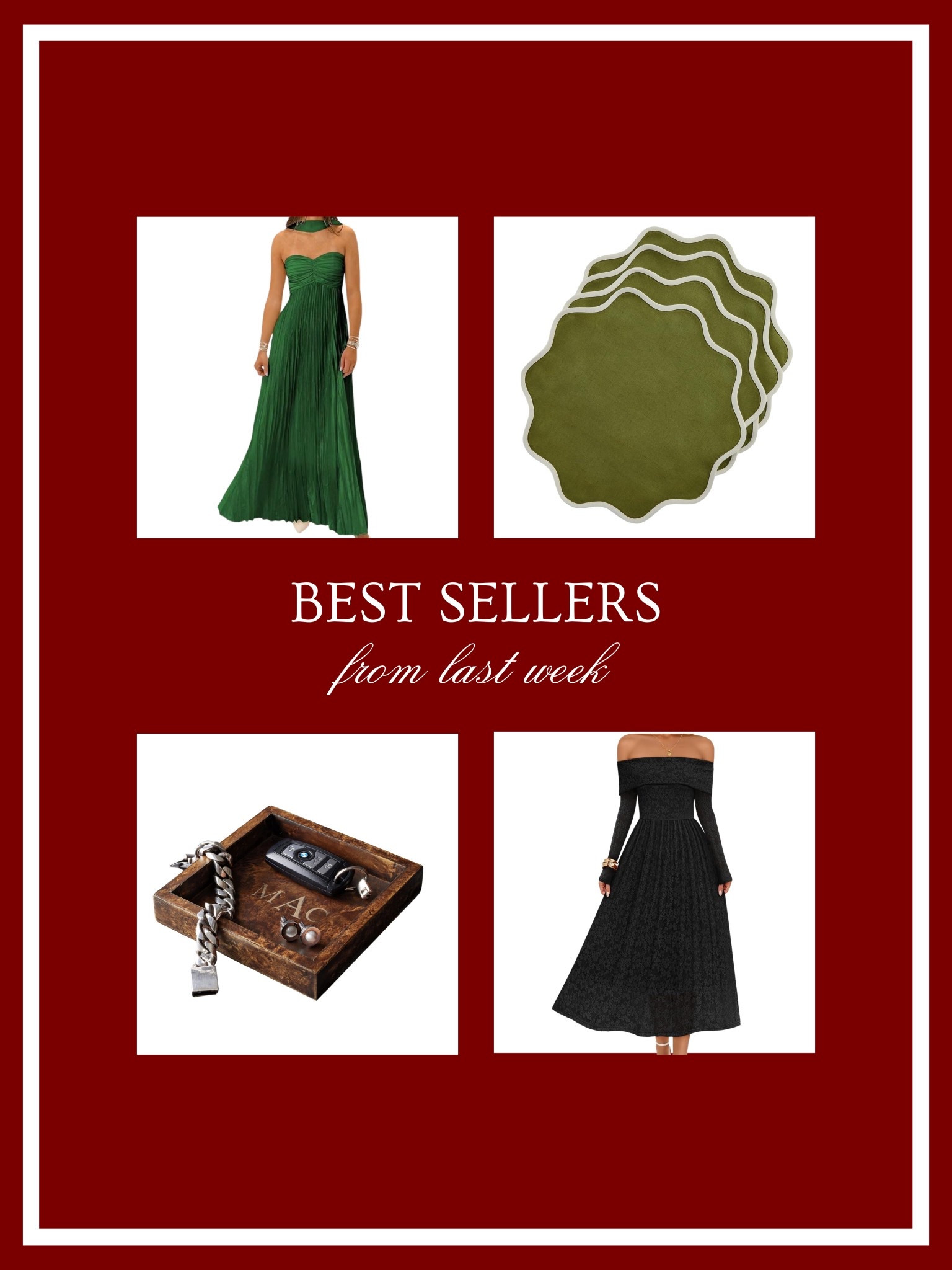 Last week’s top sellers! 🎁 These dresses were on my winter wedding guest dresses from Amazon roundup,  and these scalloped placemats are so cute! The trinket dish for men was a hit on my gift guide for him! 

#LTKFindsUnder100 #LTKCyberWeek #LTKFindsUnder50
