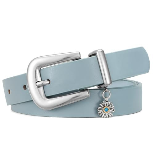SANSTHS Skinny Women Belt for Jeans Pants Dresses, Thin PU Leather Belts for Women with Silver Alloy Buckle, Light Blue S | Amazon (US)