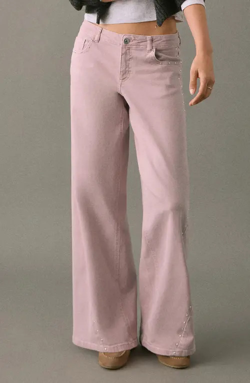 MANGO TEEN Stud Wide Leg Jeans in Pale Pink at Nordstrom, Size Small | Nordstrom