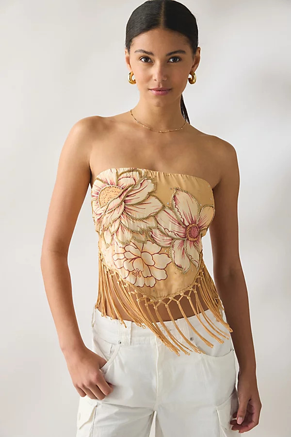 Urban Outfitters UO In The Rain Beaded Embellished Fringe Tube Top in Floral, Women's at Urban Outfitters | Urban Outfitters (US and RoW)