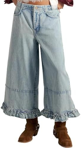 Wide Leg Jeans Woman Mid-Rise Cropped Baggy Jeans Elastic Waisted Loose Fit Cute Ruffle Hem Denim... | Amazon (US)