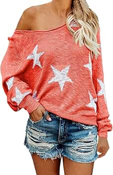 COCOLEGGINGS Women's Scoop Neck Long Sleeve Star Pullover Sweater Tunic Tops | Amazon (US)