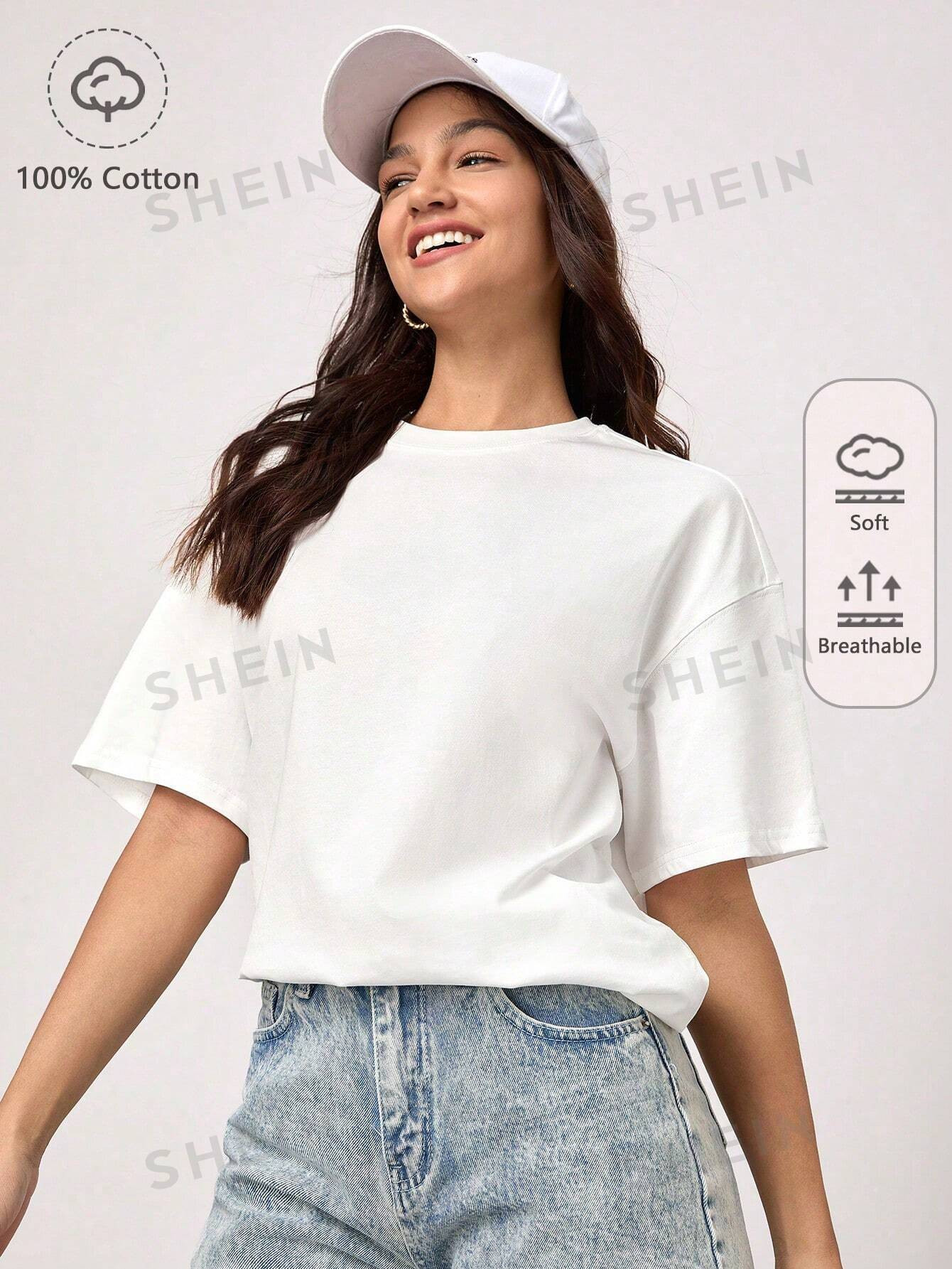 SHEIN BASICS 100% Cotton Solid Drop Shoulder Tee | SHEIN