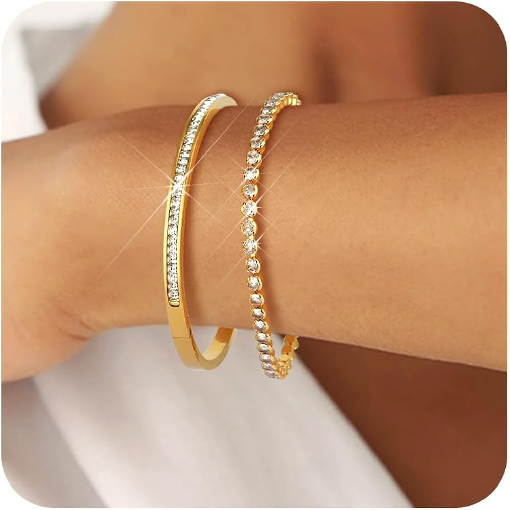 Gold Bracelets For Women 18K Gold Plated Bangle Tennis Bracelets Set,Adjustment Cubic Zirconia Te... | Amazon (US)