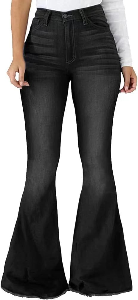 vunahzma Women's Bell Bottom Jeans Elastic Waist Ripped Flared Jeans Denim Bell Bottom Plus Size Pants | Amazon (US)