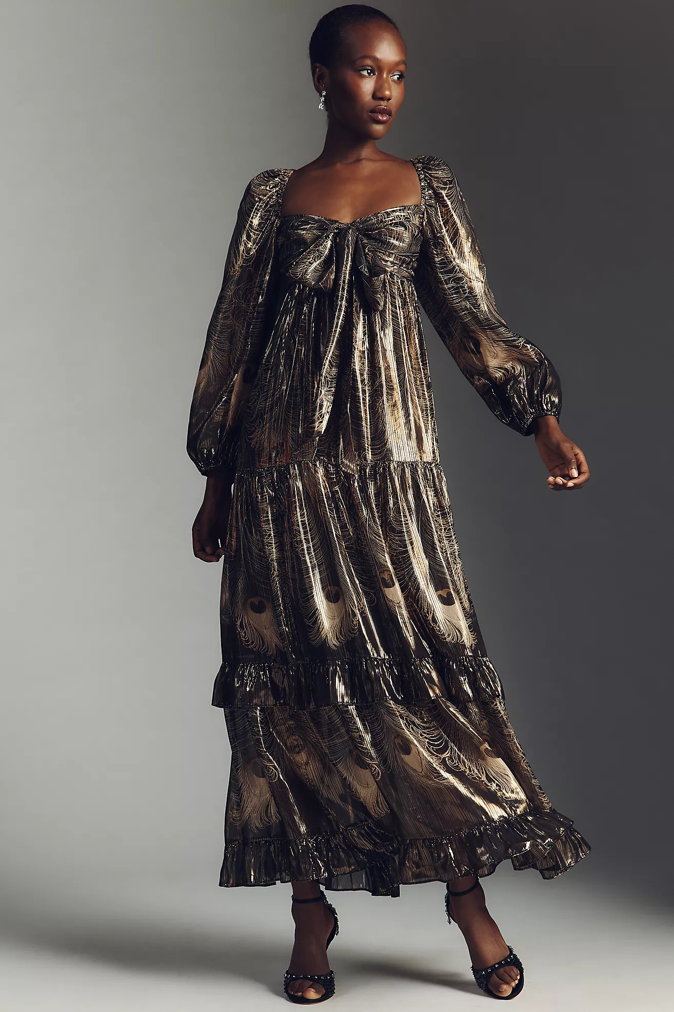 By Anthropologie Long-Sleeve Metallic Babydoll Midi Dress | Anthropologie (US)