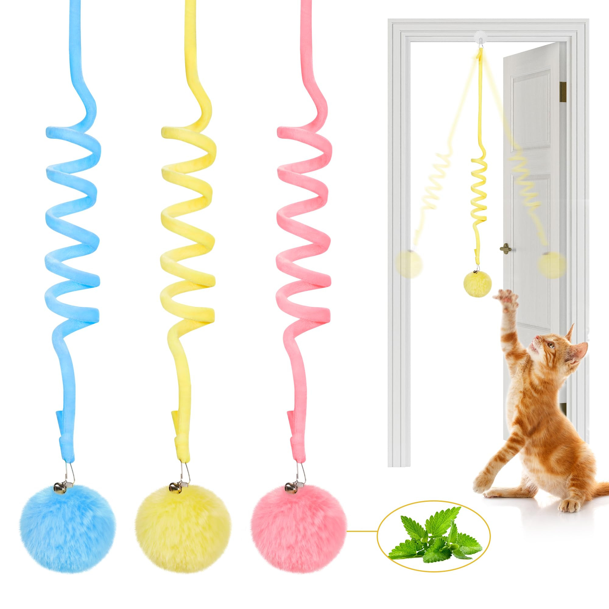 Potaroma Hanging Fluffy Cat Catnip Ball Toys 3 Pcs with Bell, Interactive Cat Teaser Retractable ... | Amazon (US)