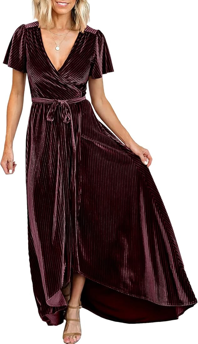 ANRABESS Women's V Neck Wrap Ribbed Velvet Maxi Dress Bell Sleeve Split Bridesmaid Cocktail Party Dr | Amazon (US)
