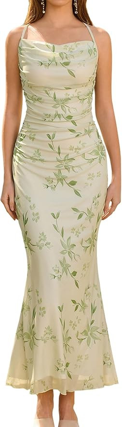 Amazon.com: URYIAO Women's Summer 2026 Floral Spaghetti Strap Maxi Dress Sleeveless Ruched Mesh B... | Amazon (US)
