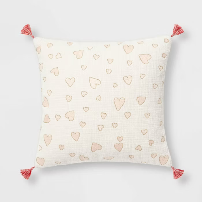 Embroidered Mini Hearts Valentine's Day Square Throw Pillow White/Blush - Threshold™ | Target