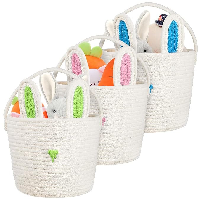 3 Pcs Bunny Basket Easter Bunny Woven Baskets Easter Basket with Rabbit Ears Easter Egg Basket wi... | Amazon (US)