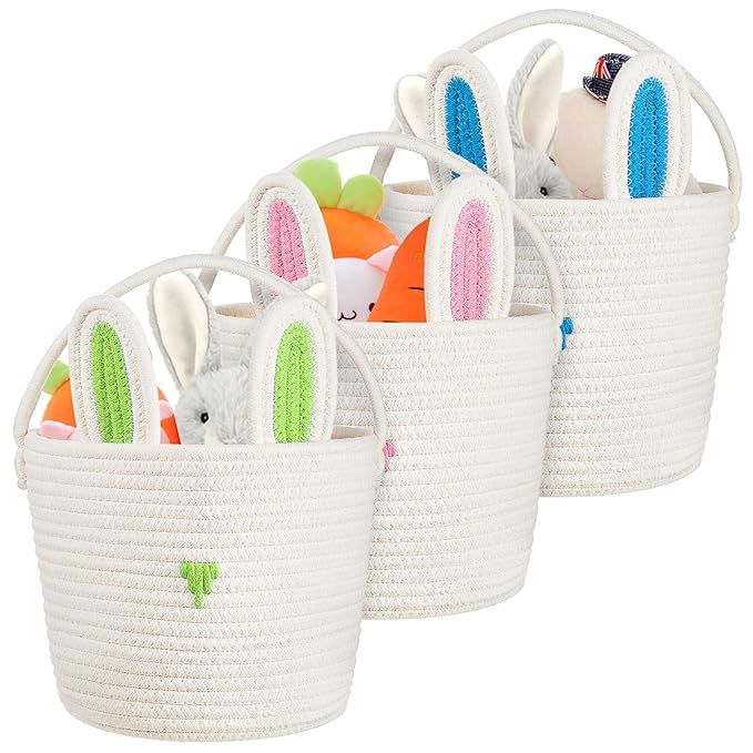 3 Pcs Bunny Basket Easter Bunny Woven Baskets Easter Basket with Rabbit Ears Easter Egg Basket wi... | Amazon (US)
