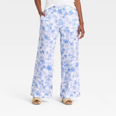 Women's Linen Wide Leg Pull-On Pants - A New Day™ Blue/White Toile XL | Target
