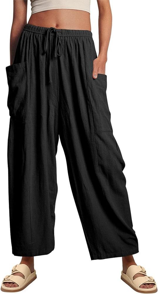 Flygo Women's Wide Leg Pants Summer Casual Loose Fit Beach Palazzo Harem Pants with Pockets | Amazon (US)