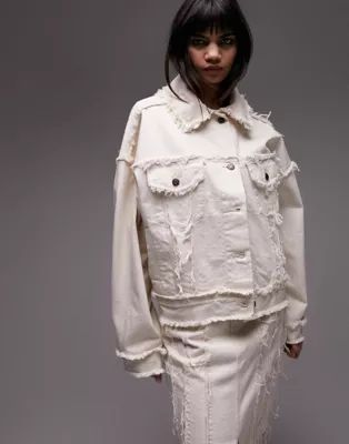 Topshop frayed oversized denim jacket in ecru | ASOS (Global)