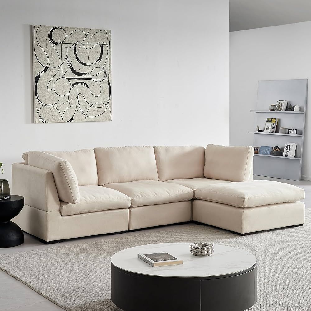 Modern Luxury Down Filled L-Shaped Sectional Sofa Set, Minimalist Style Linen Fabric Upholstery M... | Amazon (US)