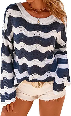 Arach&Cloz Women's Linen Blend Crochet Bell Sleeve Beach Vacation Striped Tops 2026 | Amazon (US)