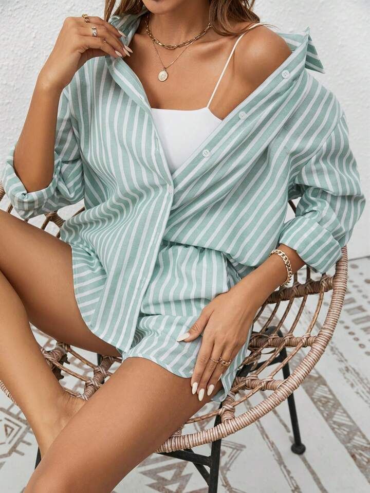 SHEIN Frenchy Striped Print Drop Shoulder Shirt & Shorts Without Cami Top | SHEIN