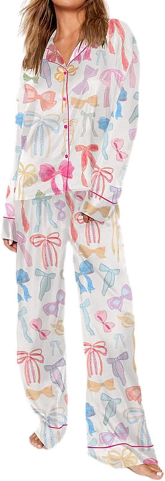 Yuemengxuan Women 2 Piece Satin Pajama Set Lounge Set Long Sleeve Cartoon Printing Button Down Sh... | Amazon (US)