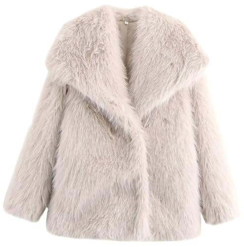 ebossy Women's Faux Fur Crop Jacket Long Sleeve Lapel Winter Warm Fluffly Leopard Pure Color Sherpa Coat (M, A-Beige) | Amazon (US)
