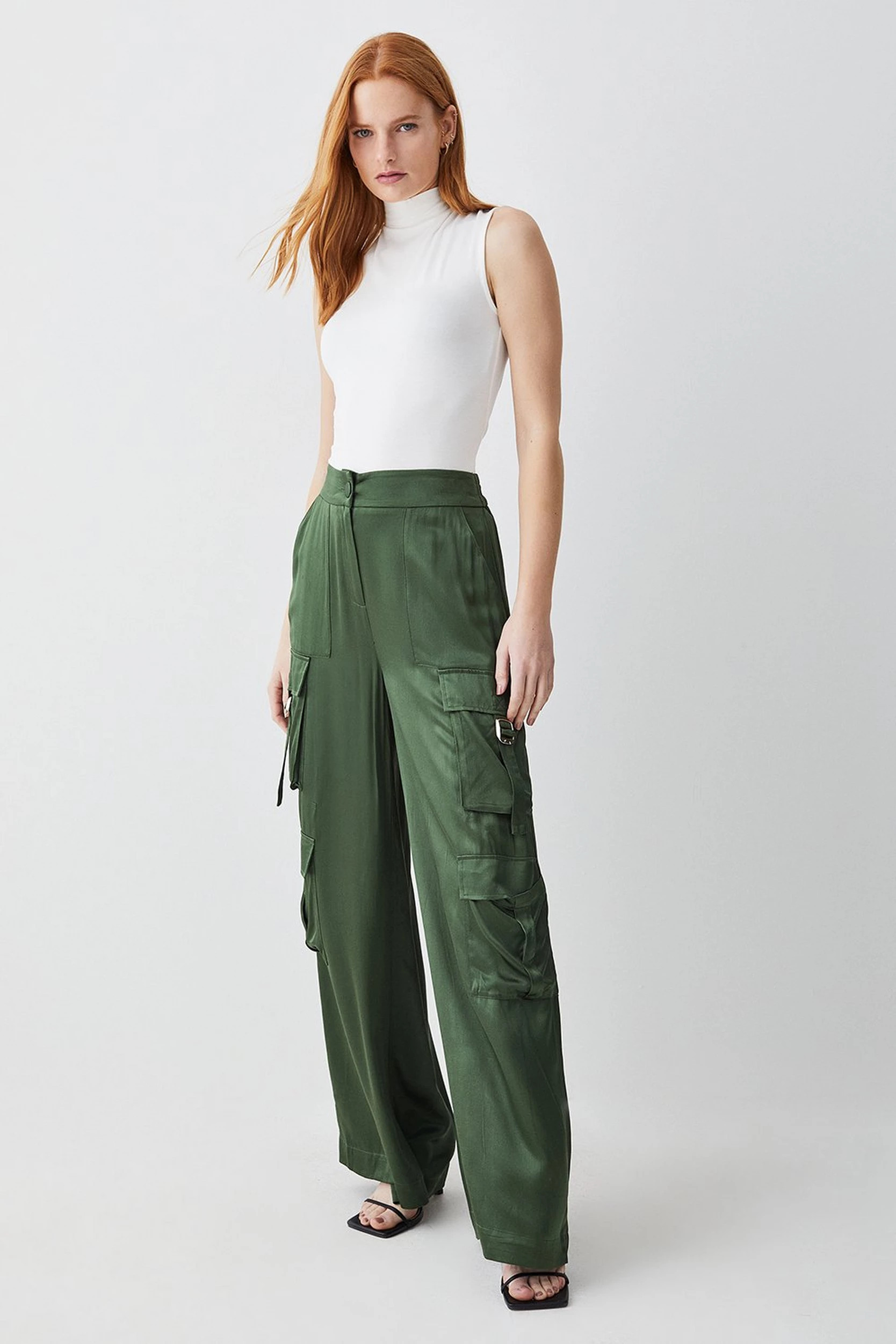High Waisted Wide Leg Satin Cargo Trouser | Karen Millen UK + IE + DE + NL