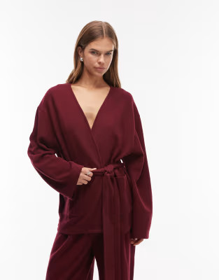 ASOS DESIGN Supersoft tie waist cardigan in dark cherry - part of a set | ASOS (Global)