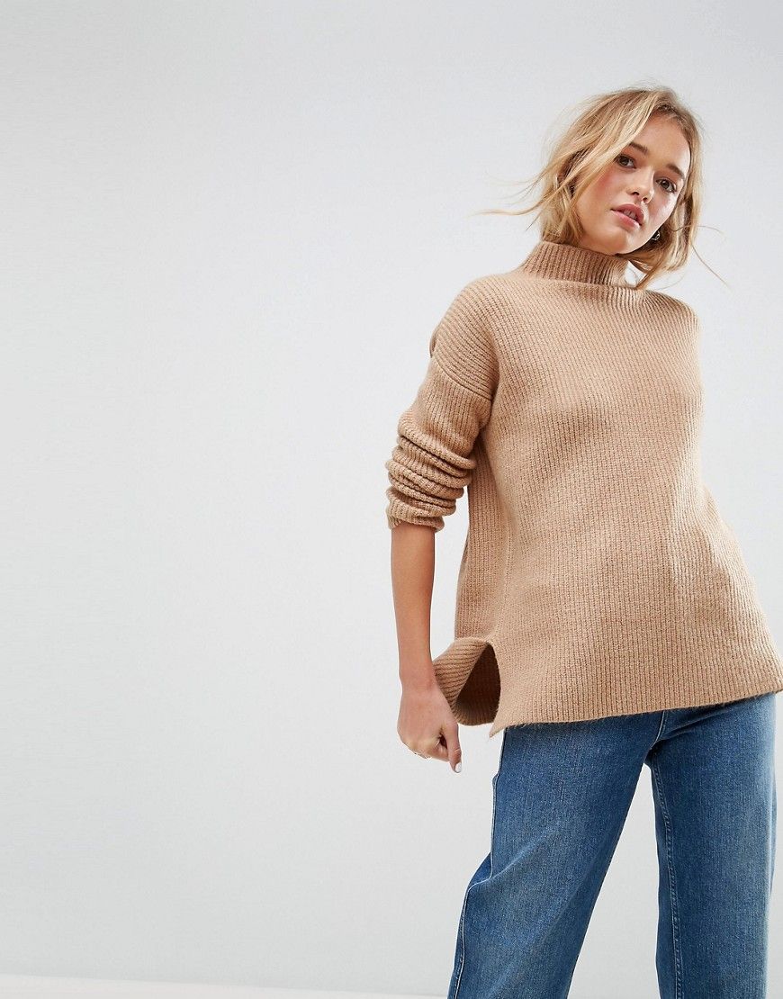 ASOS Chunky Sweater With Turtleneck In Fluffy Yarn - Stone | ASOS US