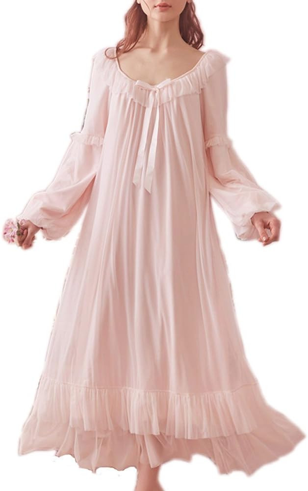 Women's Vintage Victorian Nightgown Long Sleeve Sheer Sleepwear Pajamas Nightwear Lounge Dress | Amazon (US)