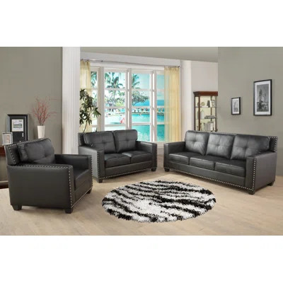 3 PCS Faux Leather Sofa Couch Set, Black Living Room Set With Sofa, Loveseat And Chair | Wayfair North America