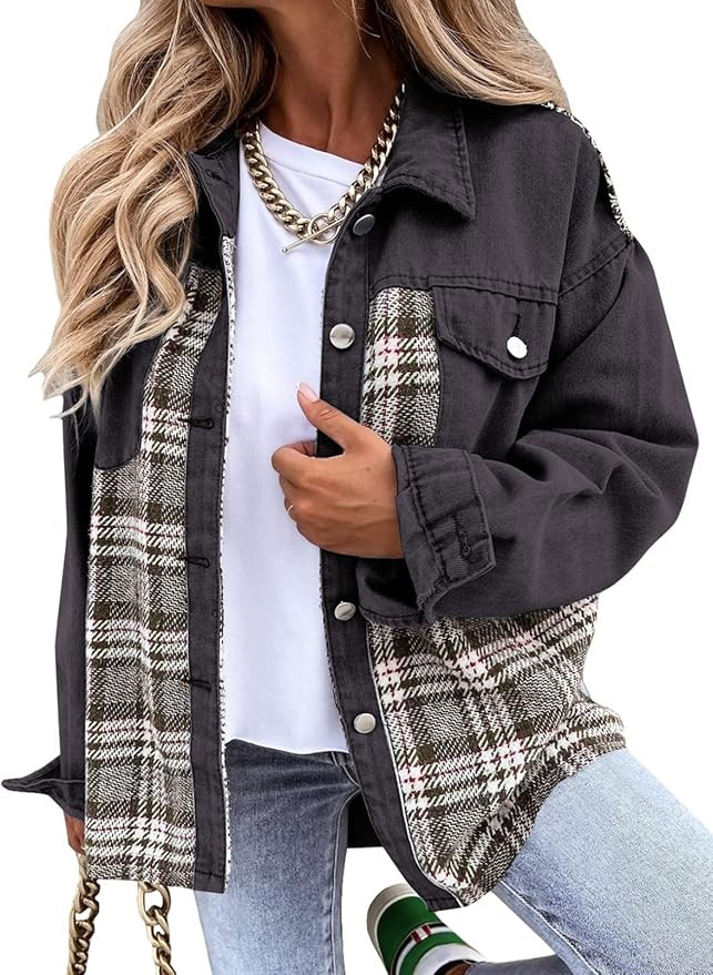 BTFBM 2023 Women's Button Down Denim Jackets Long Sleeve Lapel Casual Fall Shirts Shackets Plaid ... | Amazon (US)