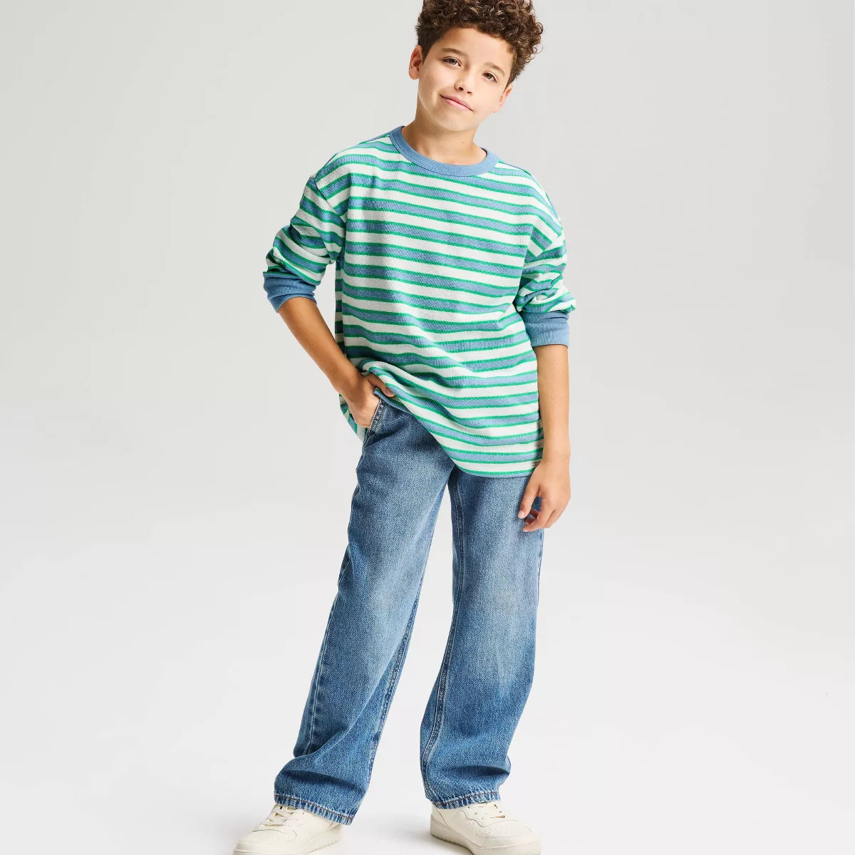 Boys' Long Sleeve Relaxed Fit Striped Textured Shirt - Cat & Jack\u2122 Light Blue S | Target
