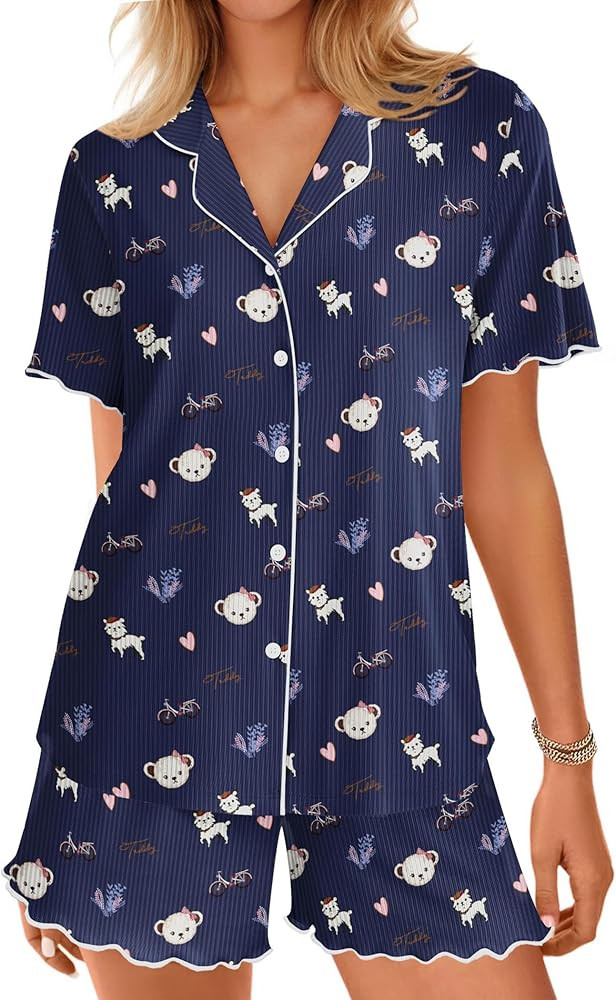 Ekouaer Button Up Pajamas Set for Women Short Sleeve Ribbed Knit Sleepwear 2 Piece Pjs Shorts Set | Amazon (US)