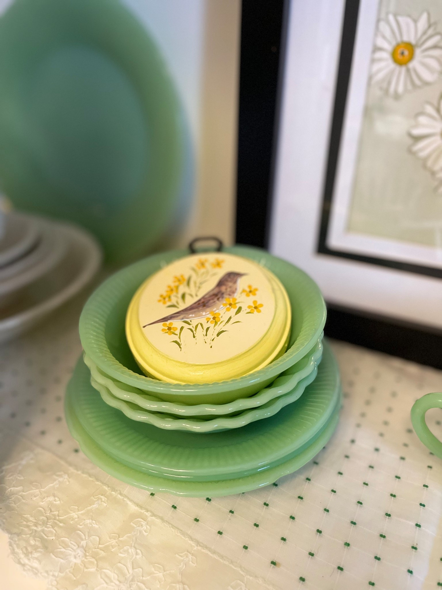 Spring is here…bring on all the pastel colors!
Jadeite is one of my very favorite Spring decor items. The milky green is the perfect color to style into a hutch, on a shelf display, or even a table setting.
Jadeite can also be paired with just about anything , making it a timeless and versatile decor piece!

#LTKSeasonal #LTKFindsUnder50 #LTKHome