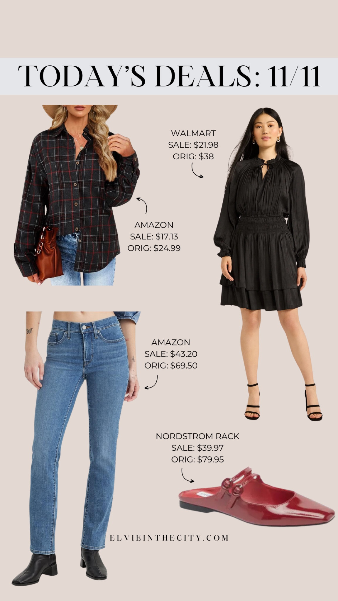 Today’s deals include a flannel button down top from Amazon (comes in a ton of colors and patterns), a black mini ruffle dress from Walmart, Levi’s shaping jeans from Amazon, and red Mary Jane mules from Nordstrom Rack.

Deal of the day, fashion over 40, over 50 style, fall outfit, winter outfit, Christmas dress, holiday party dress 

#LTKSaleAlert #LTKStyleTip #LTKFindsUnder50