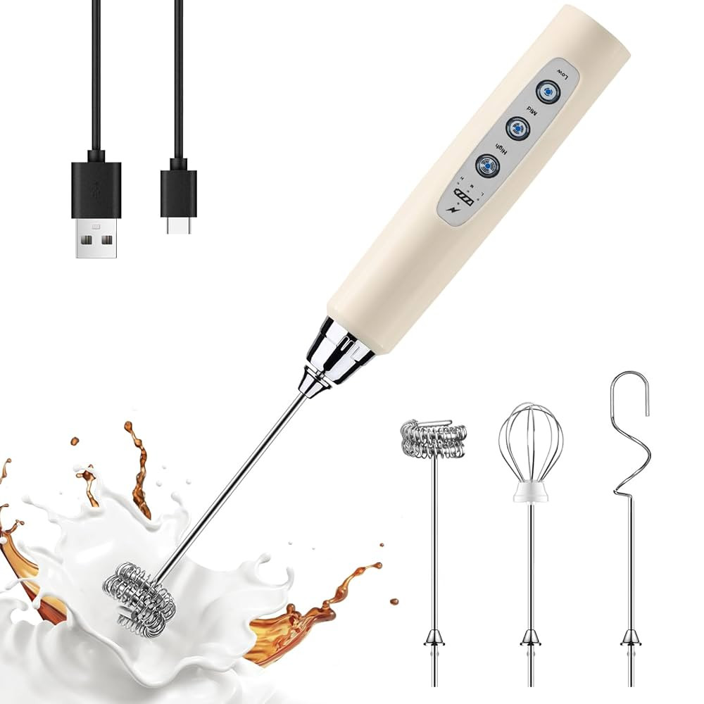 YUSWKO Beige Handheld Milk Frother Wand for Coffee, Rechargeable Electric Whisk with 3 Heads 3 Sp... | Amazon (US)