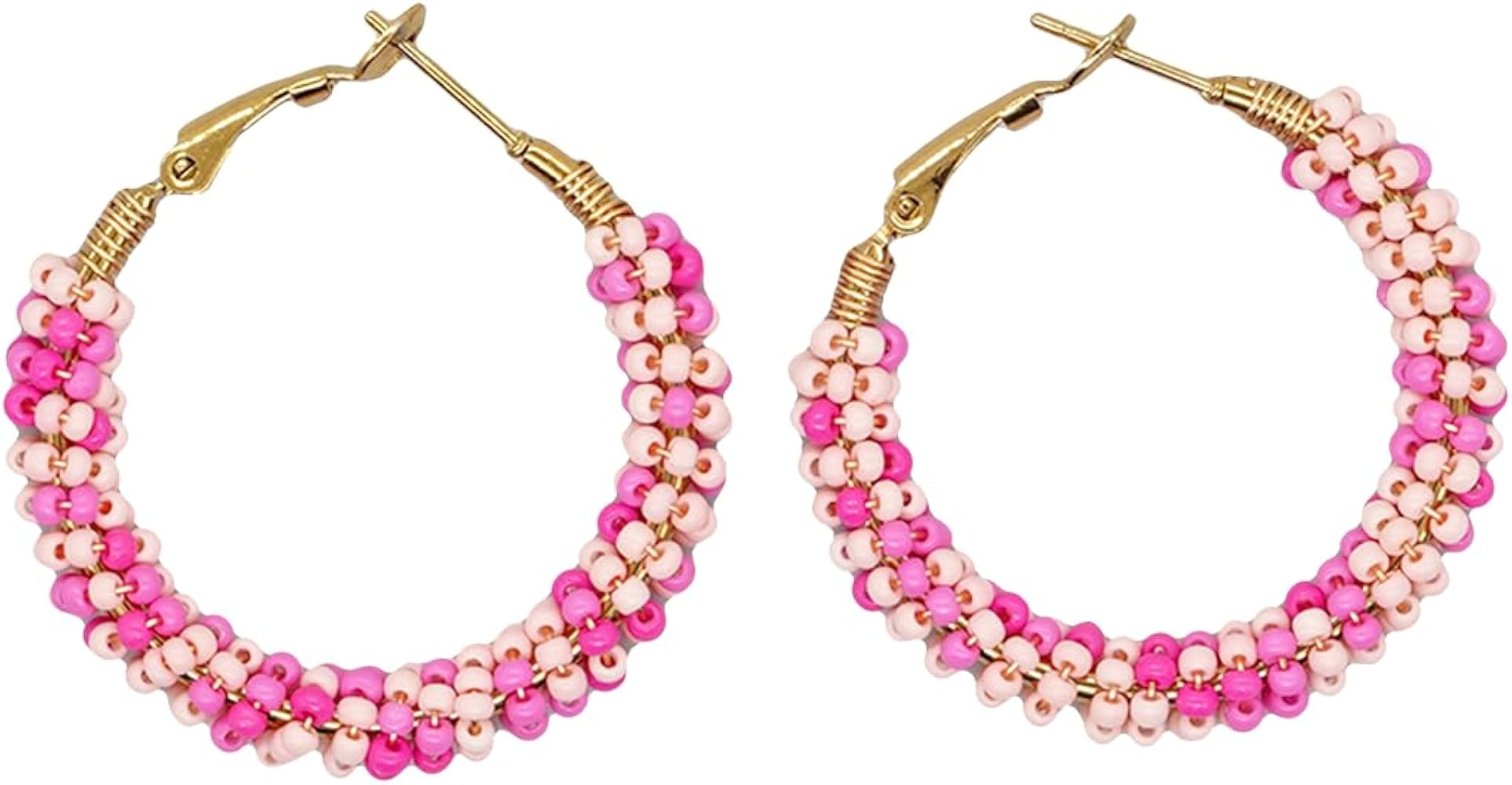 Sonateomber Handmade Beaded Gold Hoop Hugge Earrings for Women Boho Big Multicolor Purple Fuchsia... | Amazon (US)