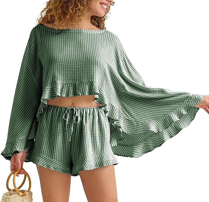 Womens Summer 2 Piece Outfit Striped Boho Poncho Cover Up Top Ruffle Shorts for Beach Vacation Lo... | Amazon (US)