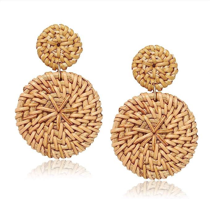 Weave Straw Double Disc Drop Earrings Boho Rattan Dangle Statement Earrings (rattan disk dark) | Amazon (US)