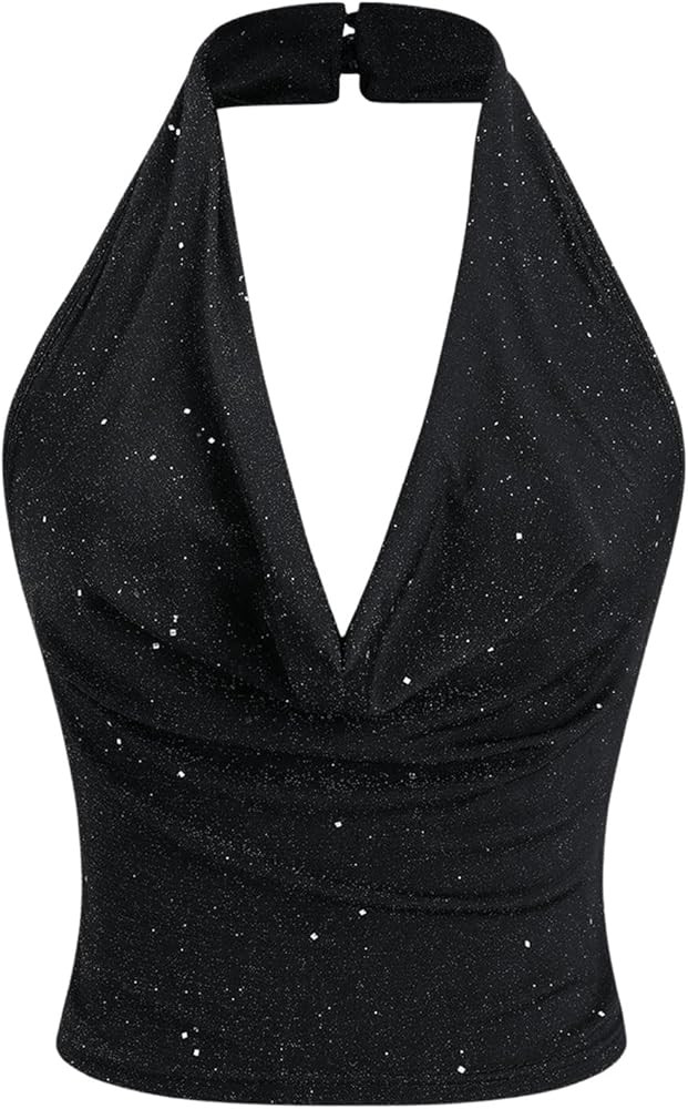 SOLY HUX Women's Halter Top Sparkly Sexy Backless Party Crop Tops Club Rave Festival Outfits Blac... | Amazon (US)