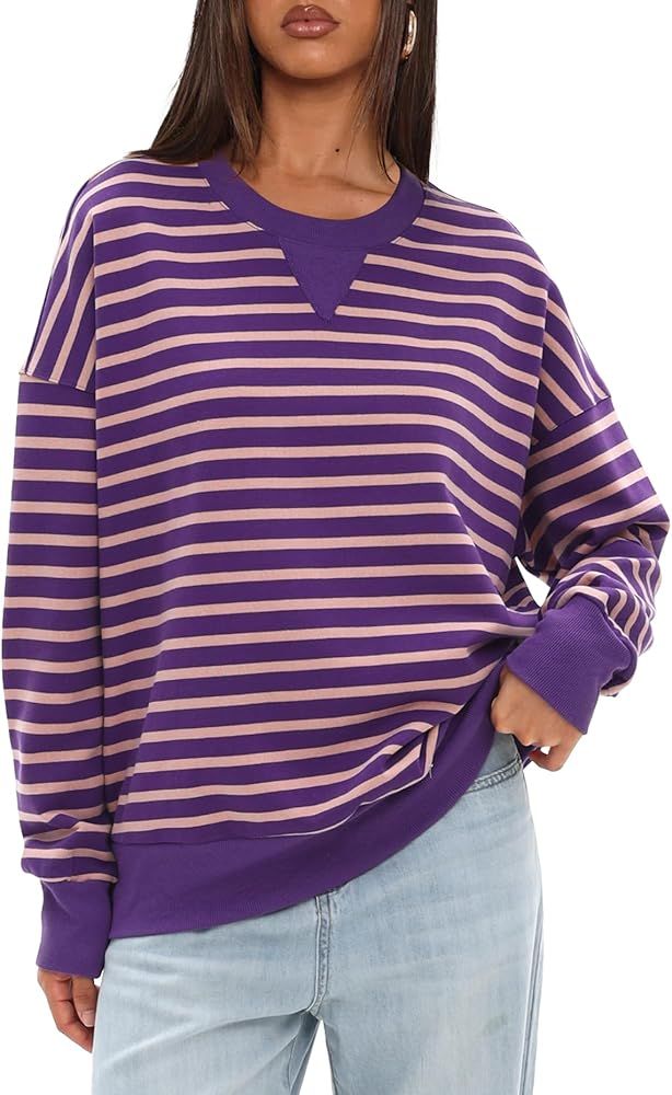 Darong Women Oversized Striped Color Block Long Sleeve Crew Neck Sweatshirt Casual Cotton Pullove... | Amazon (US)