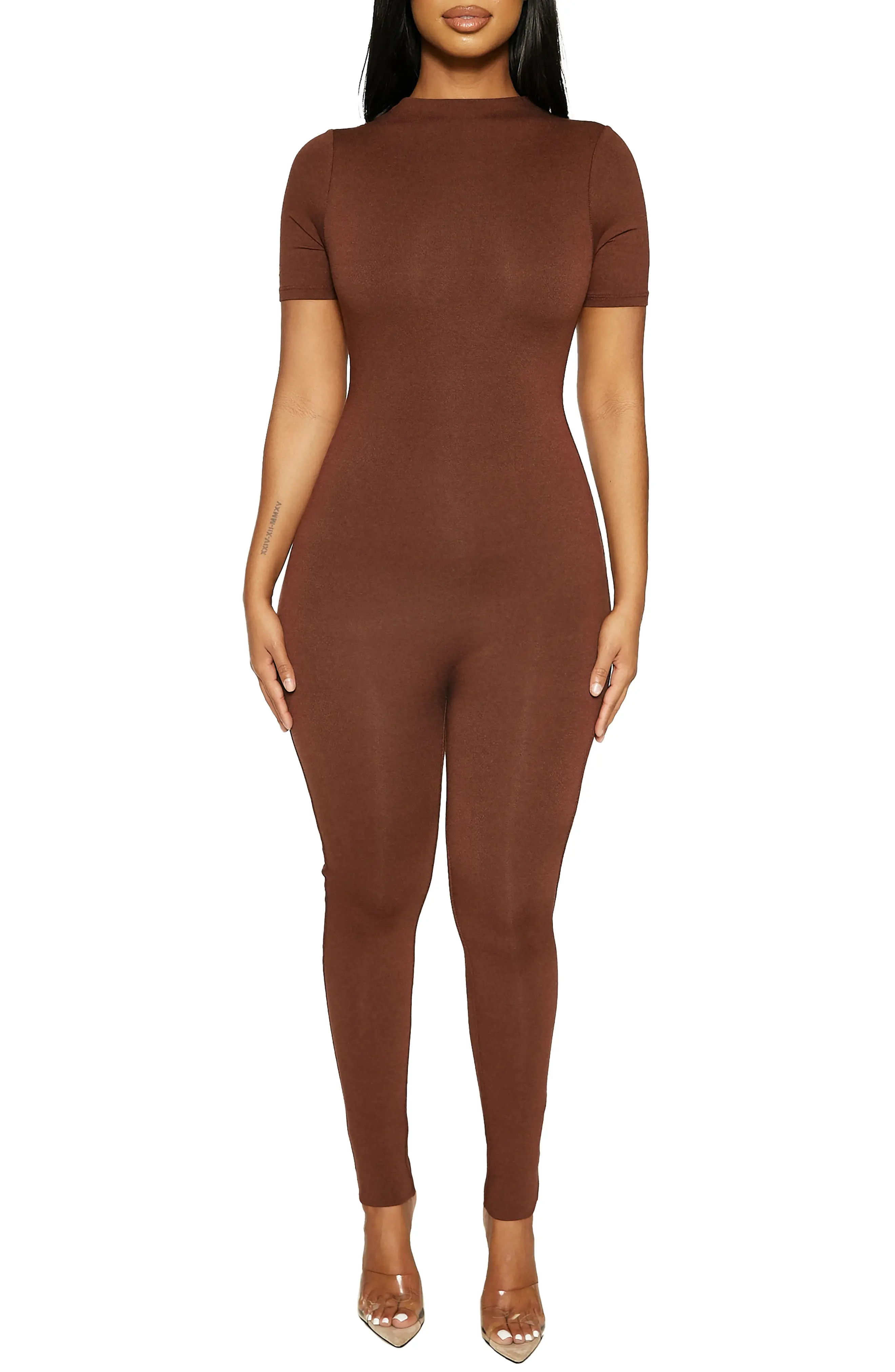 Naked Wardrobe Sweet T Funnel Neck Jumpsuit, Size Medium in Chocolate at Nordstrom | Nordstrom