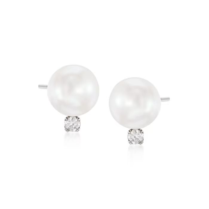 8-8.5mm Cultured Akoya Pearl and .15 ct. t.w. Diamond Earrings in 14kt White Gold | Ross-Simons