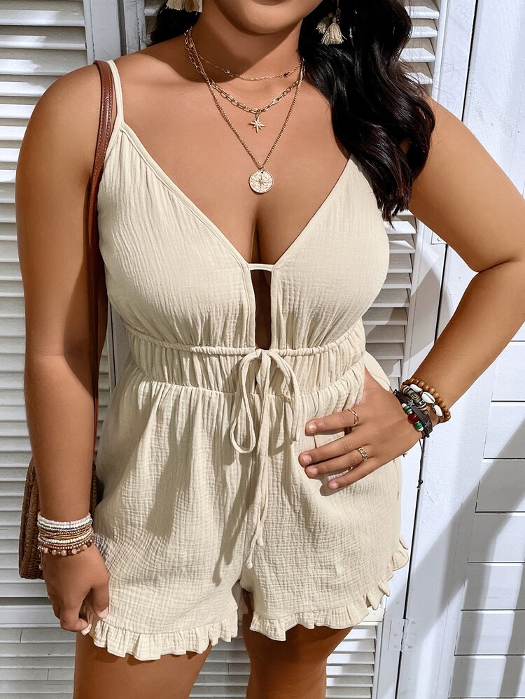 Plus Tie Front Ruffle Hem Cami Romper | SHEIN