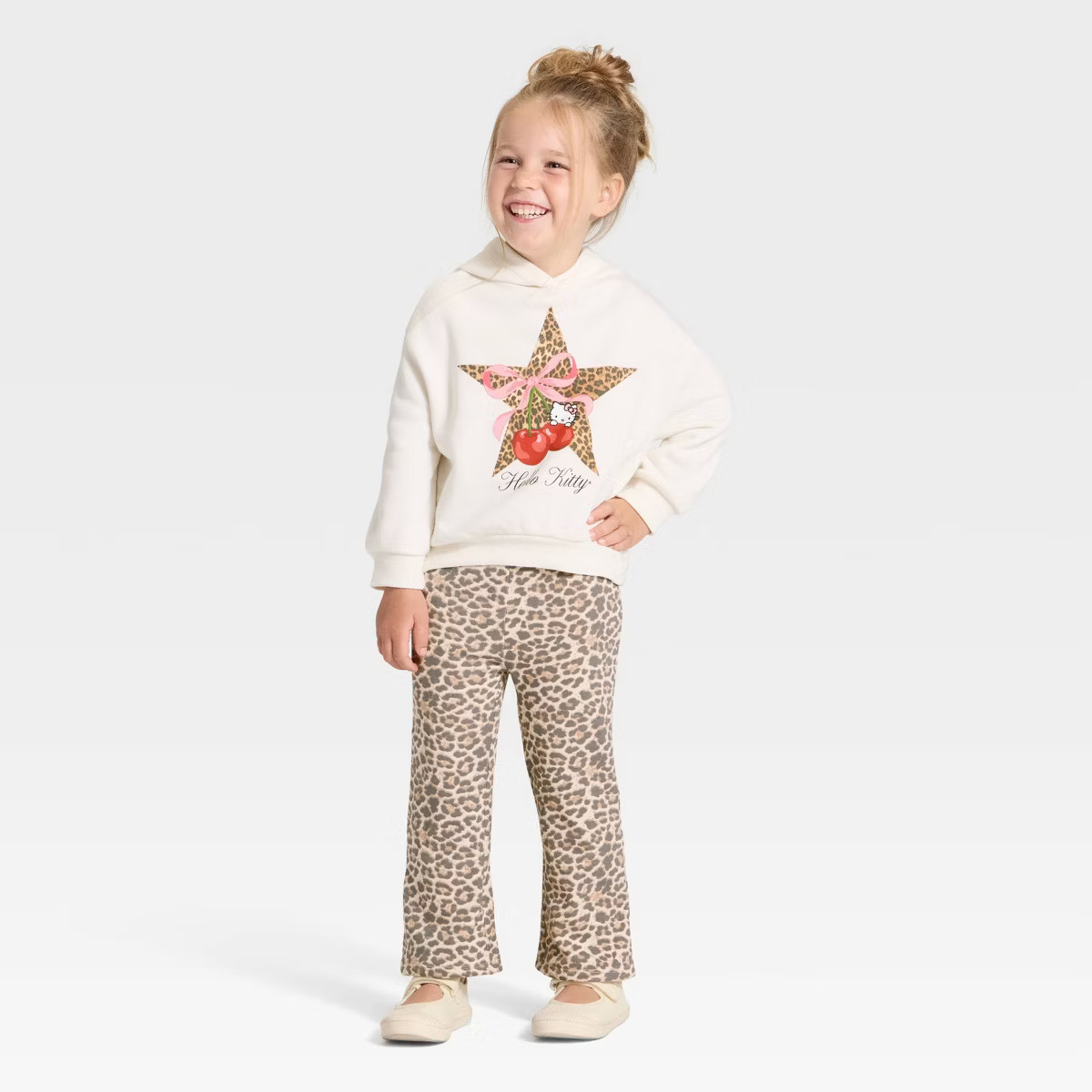 Toddler Girls' 2pc Hello Kitty Animal Print 2pc Fleece Hooded Sweatshirt & Pants Set  - Off-White | Target