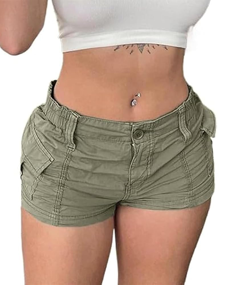 Women Summer Y2K Cargo Shorts Low Waist Solid Color Casual Vintage E-Girls Bodycon Denim Shorts with Pockets Streetwear | Amazon (UK)
