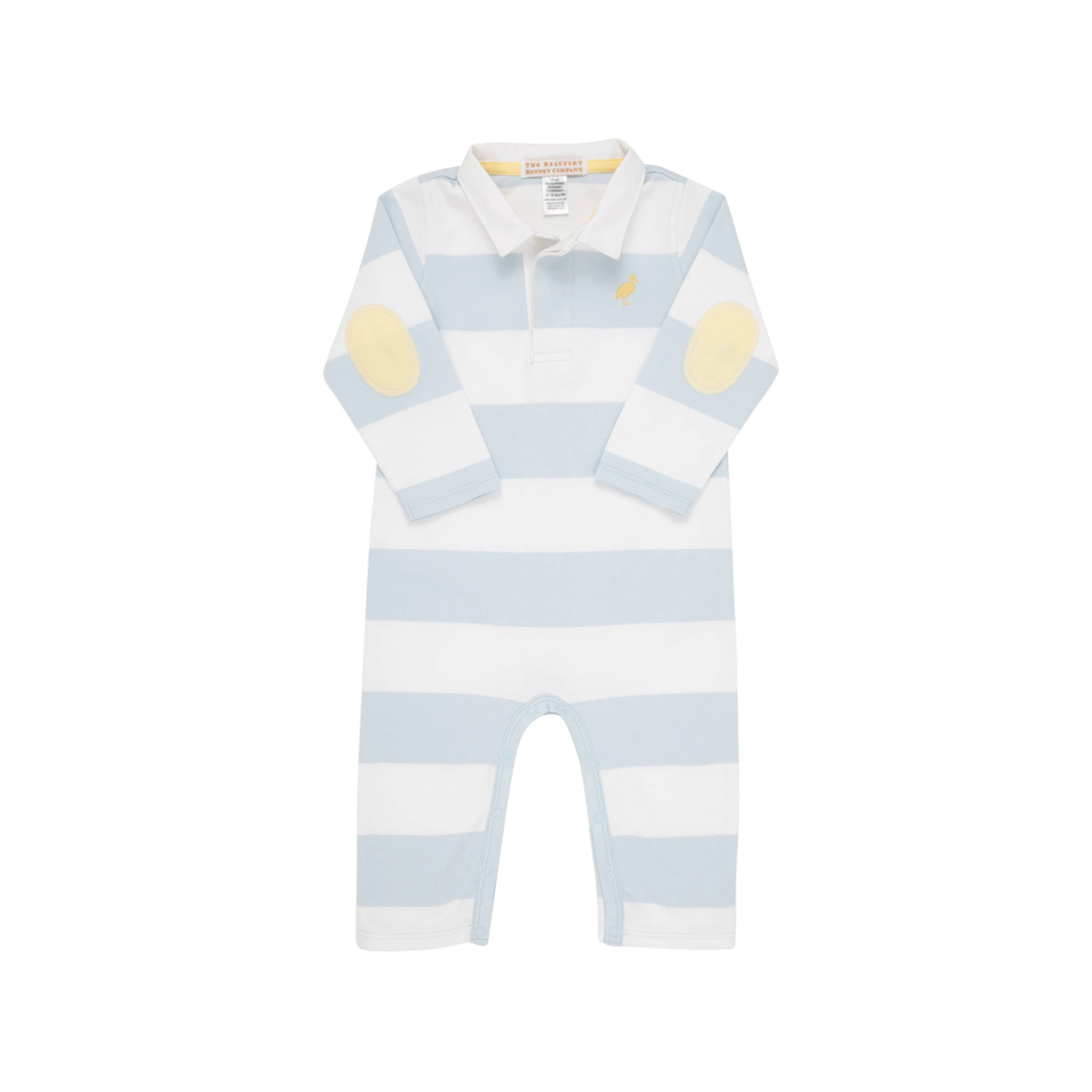 Sir Proper's Rugby Romper - Buckhead Blue Rugby Stripe with Bellport Butter Yellow Stork | The Beaufort Bonnet Company