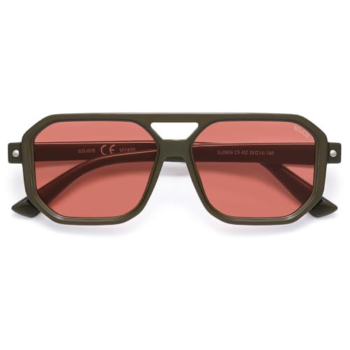 SOJOS Retro Polarized Square Aviator Sunglasses for Women Men Vintage 70s UV400 Protection Shade SJ2609 Dark Green Red Lens | Amazon (US)