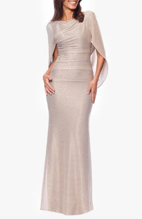 Betsy & Adam Crinkle Metallic Cape Sleeve Gown in Gold/Silver at Nordstrom, Size 14P | Nordstrom